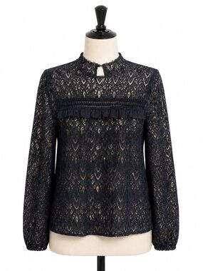 Blue Rain Navy Lace Ruffle Yoke Blouse